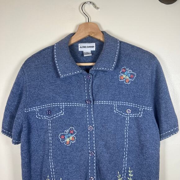 Women's Large Alfred Dunner Floral Embroidered Blue Knit Cardigan Sweater - Picture 5 of 5